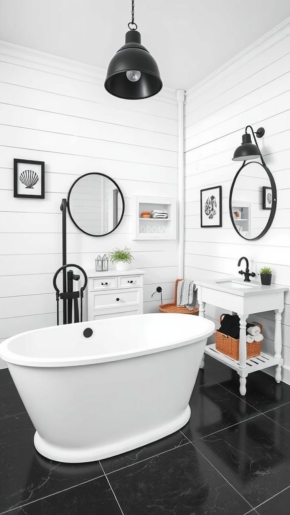 A modern black and white bathroom featuring a freestanding tub, dark tile flooring, shiplap walls, and stylish accessories.