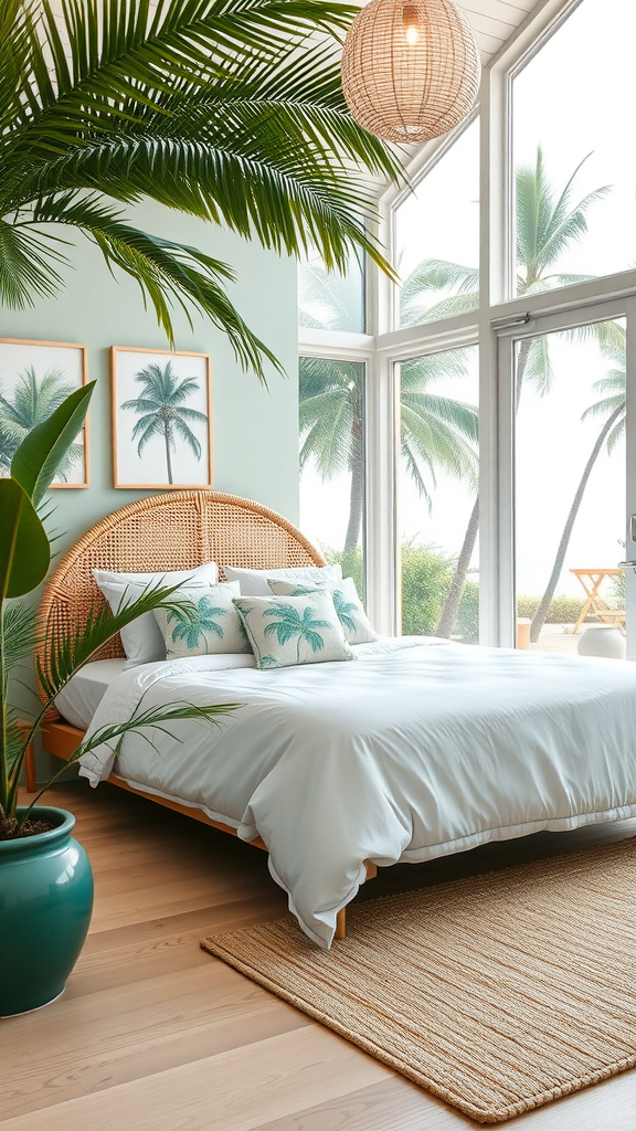 Coastal bedroom with palm-themed decor and large windows.