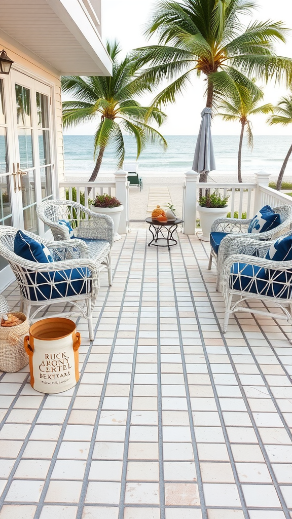 Coastal paver patio with wicker chairs, palm trees, and ocean view