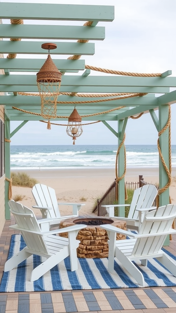 A coastal pergola featuring a sitting area with white Adirondack chairs, a fire pit, and nautical accents.