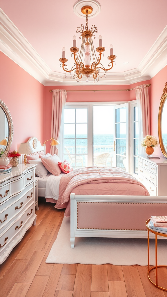 Coastal pink bedroom with ocean view, white furniture, and soft decor.