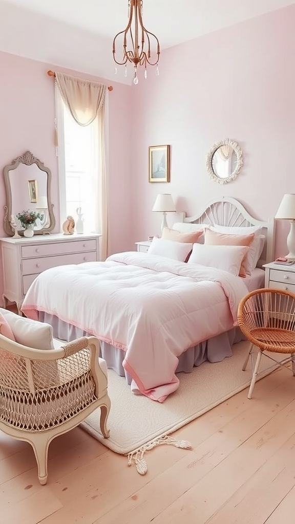 Coastal pink bedroom with white furniture and soft decor