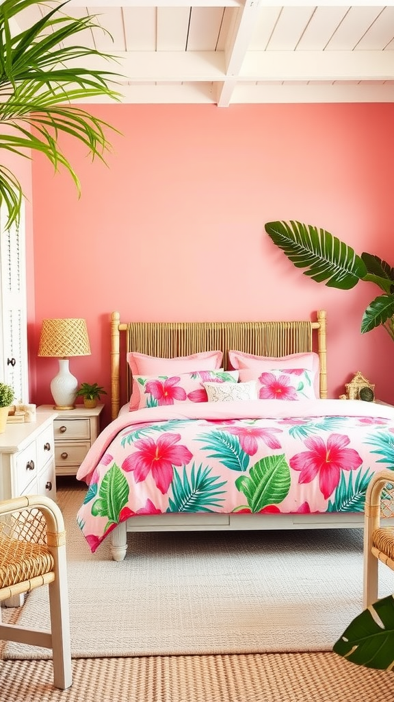 A bright and colorful coastal bedroom featuring pink floral bedding and coral walls