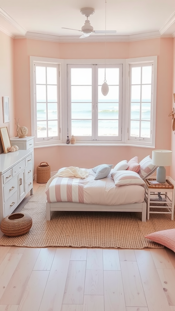 Coastal bedroom with pink walls and beach view