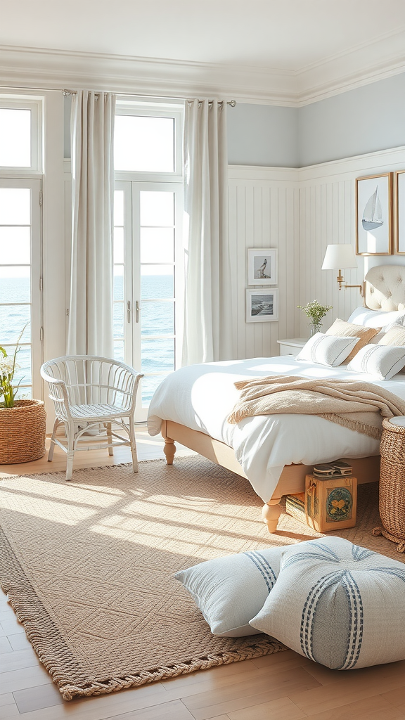 A coastal style bedroom with large windows overlooking the sea, featuring a plush bed, a woven rug, and coastal decor.