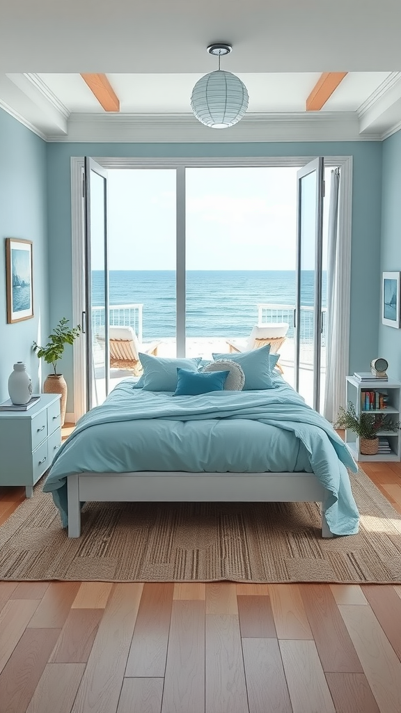 A serene coastal bedroom with ocean views, featuring light blue walls, a comfortable bed with decorative pillows, and large glass doors leading to a balcony.