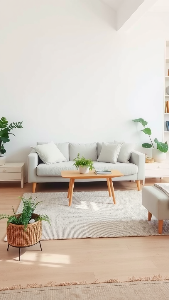 A modern coastal Scandinavian living room featuring a light gray sofa, wooden coffee table, and indoor plants in woven baskets.