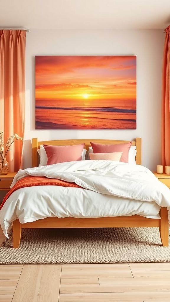 A coastal aesthetic bedroom featuring a sunset painting, white bedding, and warm-colored curtains.