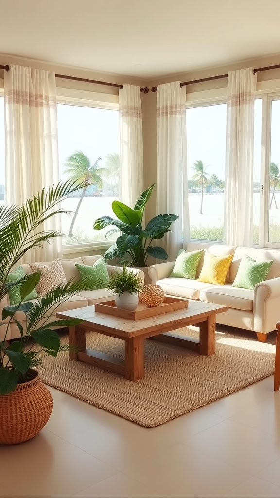 Bright coastal living room with large windows, plants, and colorful accents.