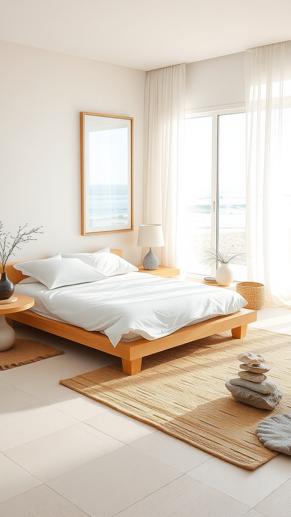 A serene coastal zen bedroom with a wooden bed, white bedding, large windows showing an ocean view, and a natural fiber rug.