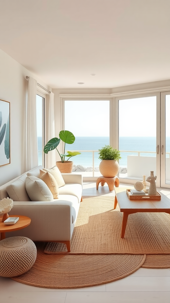 A modern coastal living room with large windows overlooking the ocean, featuring a cozy sofa, natural materials, and indoor plants.