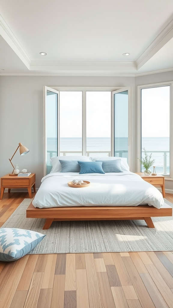 A modern coastal bedroom featuring a large bed, ocean views through large windows, and a calm, minimalistic design.