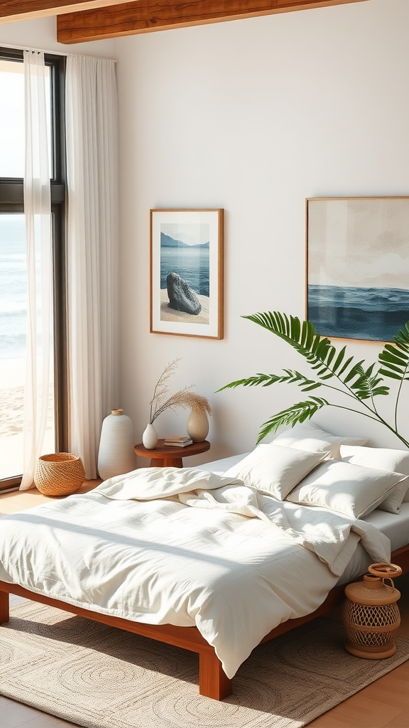 A serene coastal bedroom with a wooden bed, neutral linens, large windows, and coastal artwork.