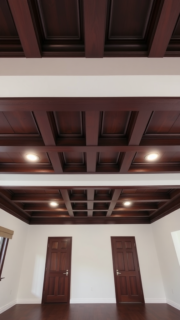 A coffered ceiling with dark wood stains, featuring recessed lighting, in a spacious room with two doors.