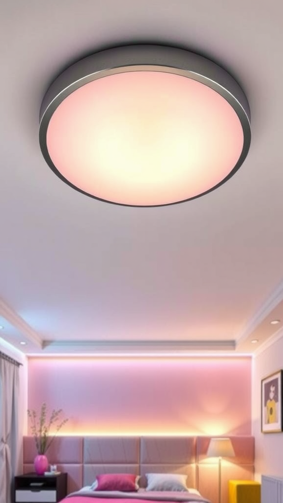 Color-changing LED ceiling light in a modern bedroom setting