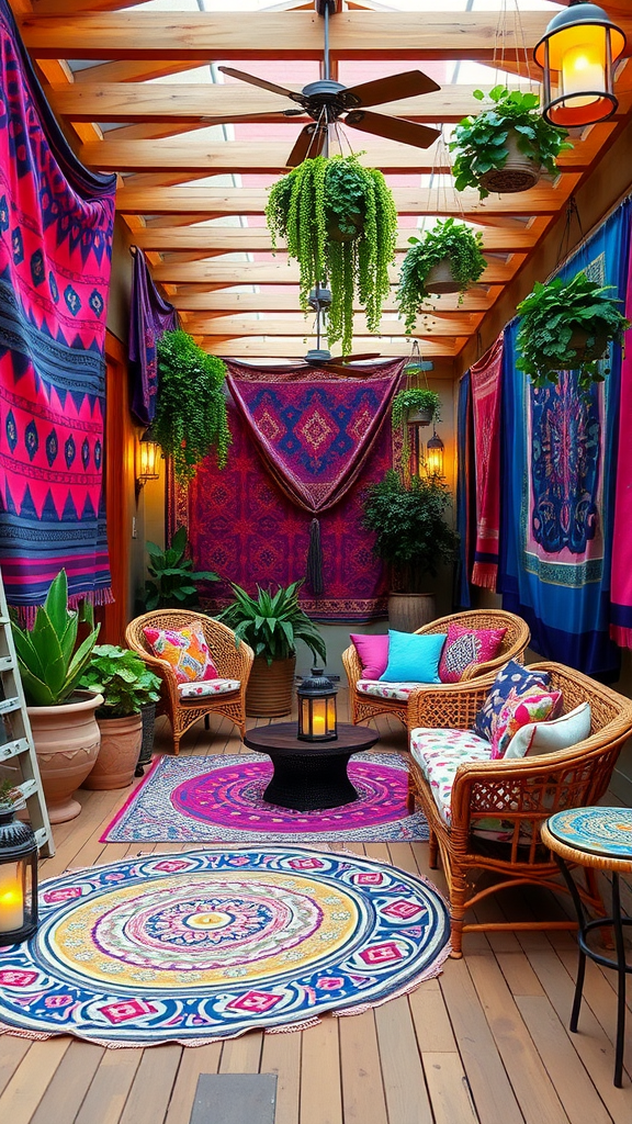 Colorful boho patio setup with tapestries, plants, and cozy seating.