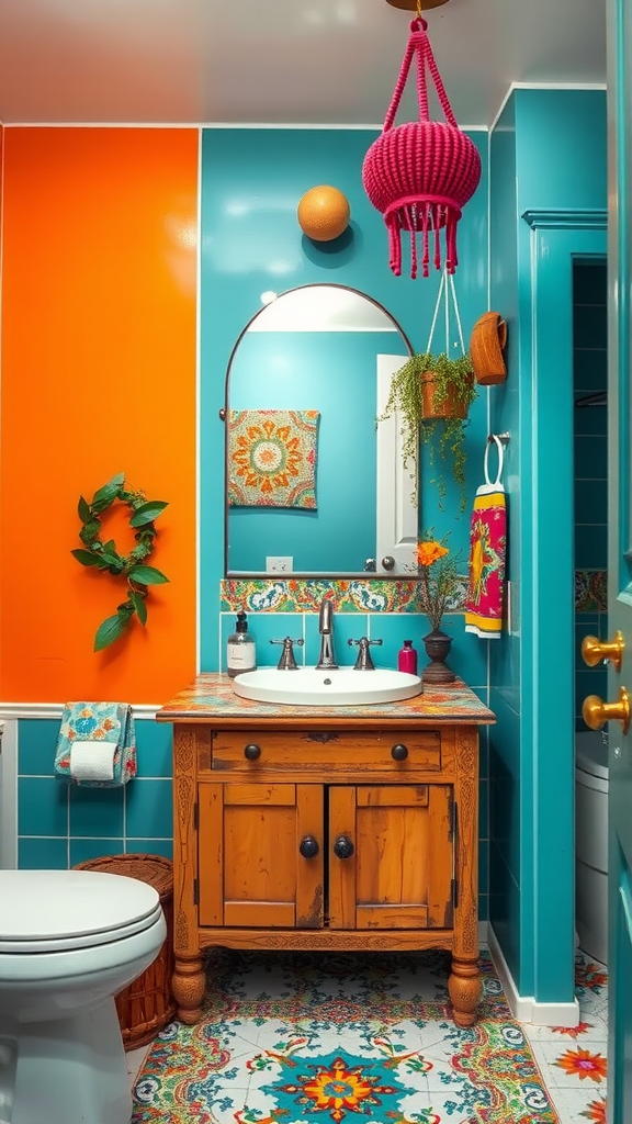 A colorful boho bathroom featuring orange and teal walls, a vintage wooden vanity, and vibrant patterned tiles.