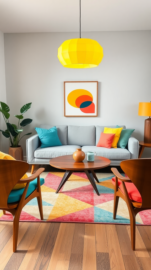 A colorful mid-century modern living room featuring a gray sofa, vibrant cushions, a geometric rug, and stylish wooden chairs.