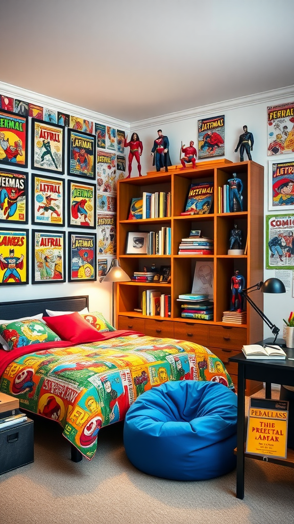 A vibrant teen boy's bedroom decorated with comic book posters, action figures, and a colorful bedspread.