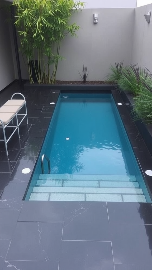 Compact infinity plunge pool surrounded by greenery and minimalist design.