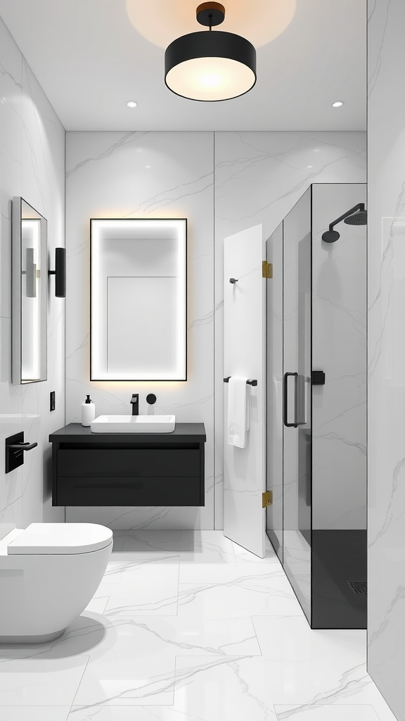 A modern compact bathroom featuring white marble walls, a sleek black vanity, and a glass shower enclosure.