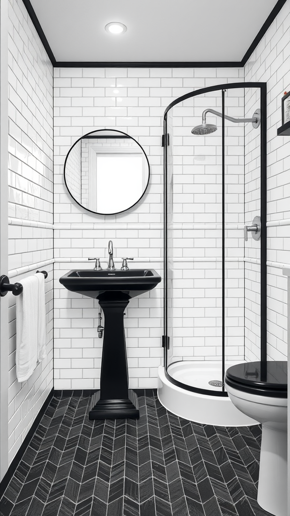 A compact black and white bathroom featuring subway tiles, a black pedestal sink, and a glass shower.