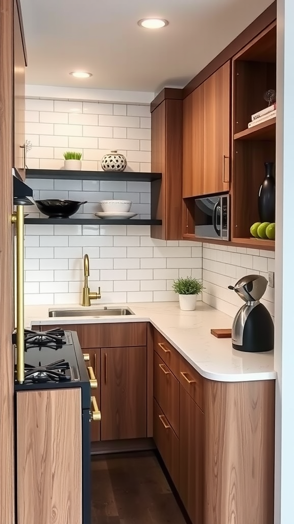 A compact urban kitchen featuring mid-century modern design with warm wood cabinets, gold accents, and white subway tiles.