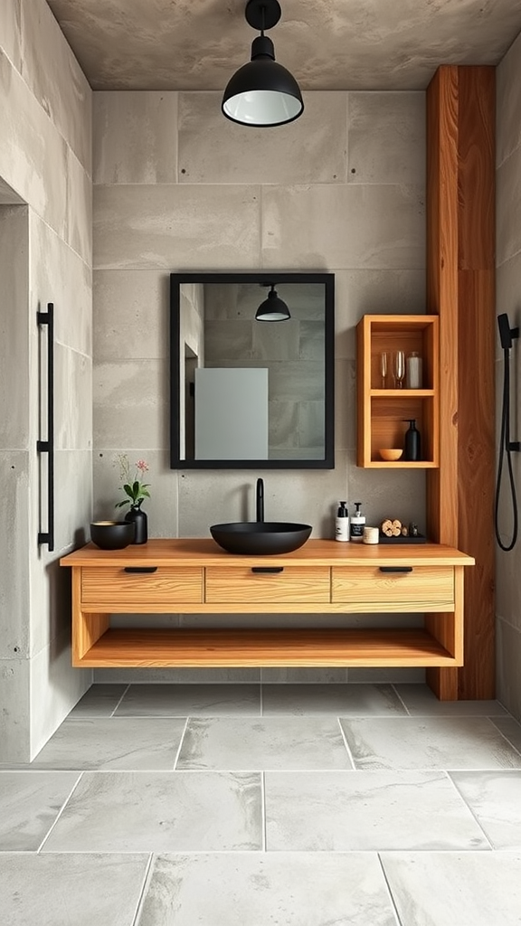 A modern bathroom featuring a concrete wall, wooden floating vanity, round sink, and minimalist decor.