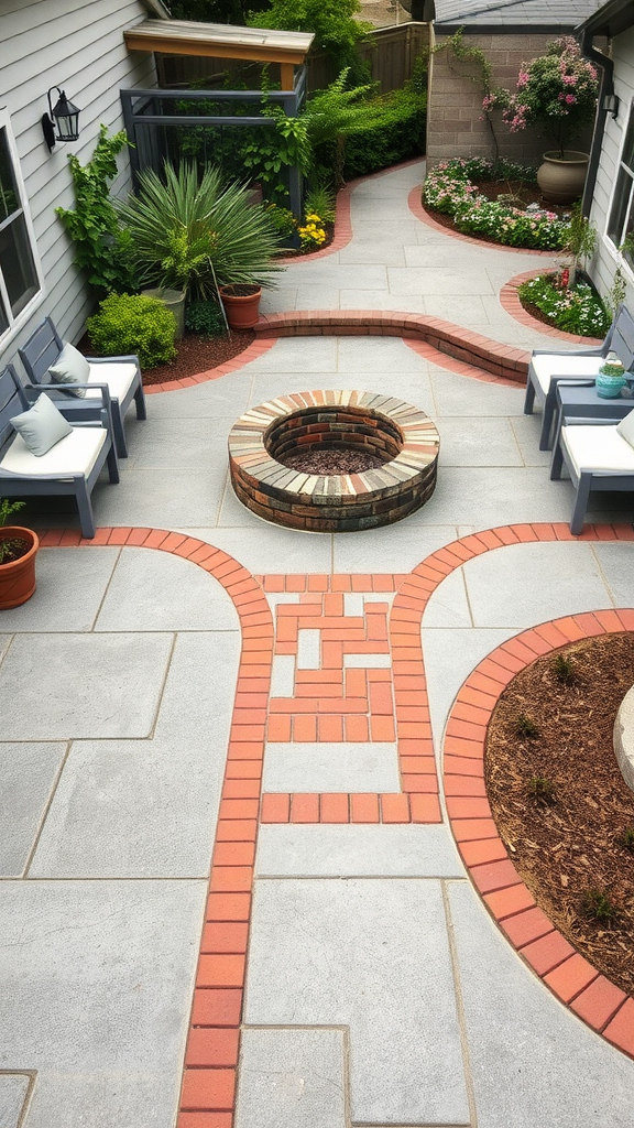 A concrete patio with a brick pathway and fire pit, surrounded by plants and flowers.