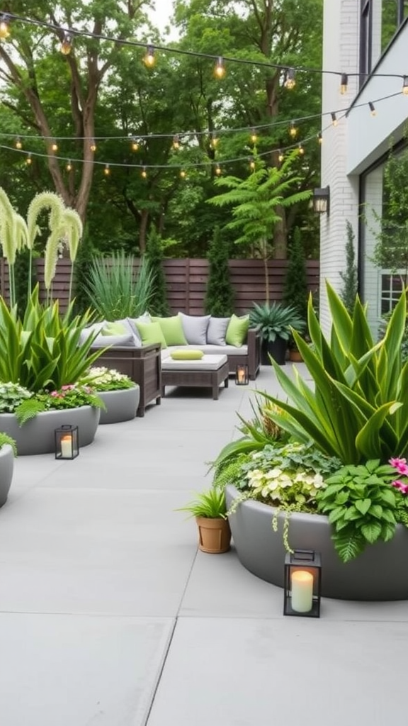 Concrete patio featuring built-in planters with greenery, comfortable seating, and string lights.