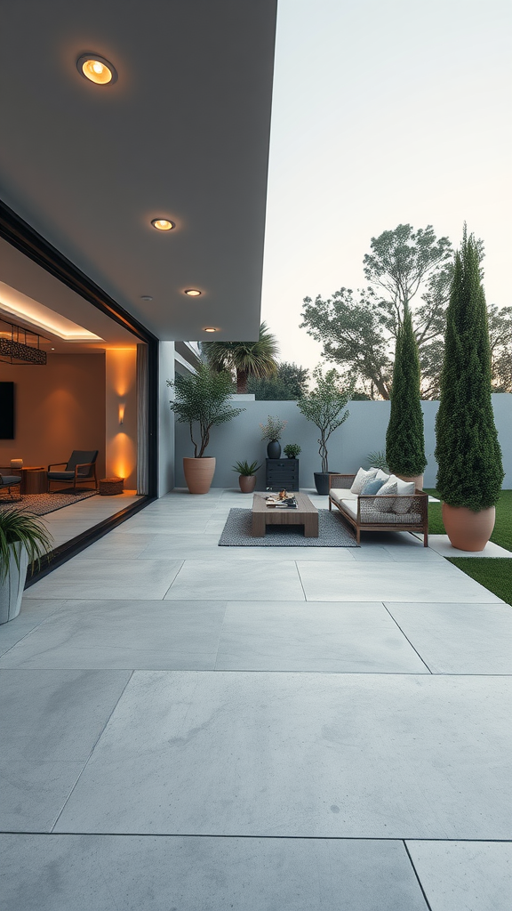 A modern concrete patio featuring glass walls, a cozy seating area, and potted plants, creating an indoor-outdoor flow.