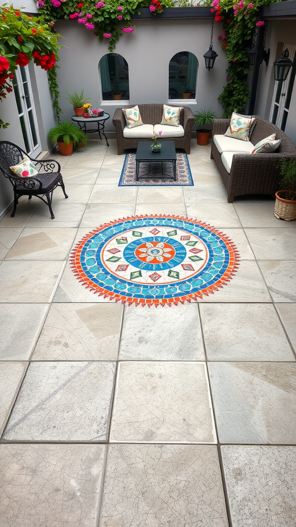 A stylish concrete patio featuring inlaid tiles and a colorful mosaic art design, surrounded by comfortable seating and plants.