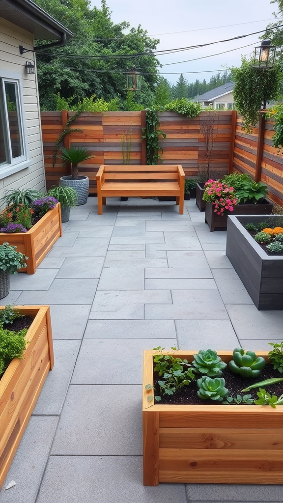 A concrete patio featuring raised wooden garden beds filled with various plants, accompanied by a bench for seating.