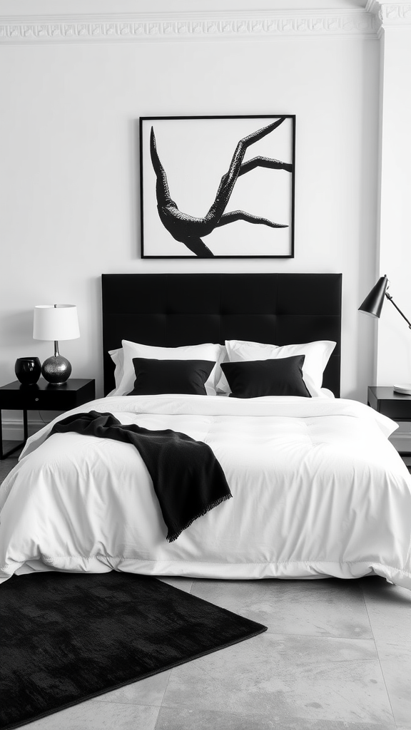 A contemporary black and white bedroom featuring a black headboard, white bedding, and abstract wall art.