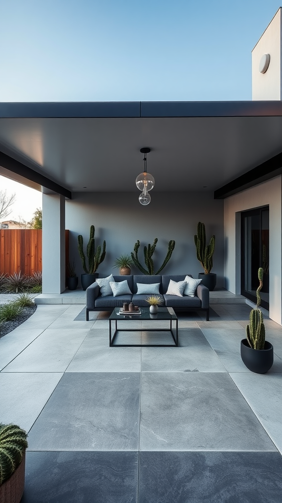 A stylish covered patio featuring a gray sectional sofa, elegant pendant light, and potted cacti.