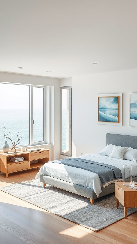 A bright and airy contemporary coastal bedroom featuring ocean views, sleek furniture, and soft bedding.