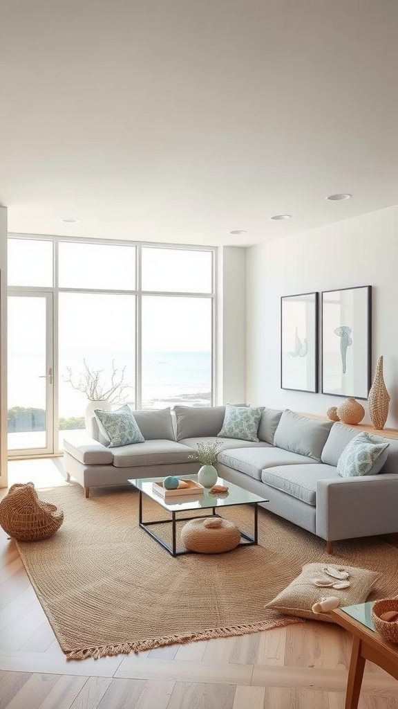 A modern coastal living room with a gray sofa, ocean view, and natural decor.