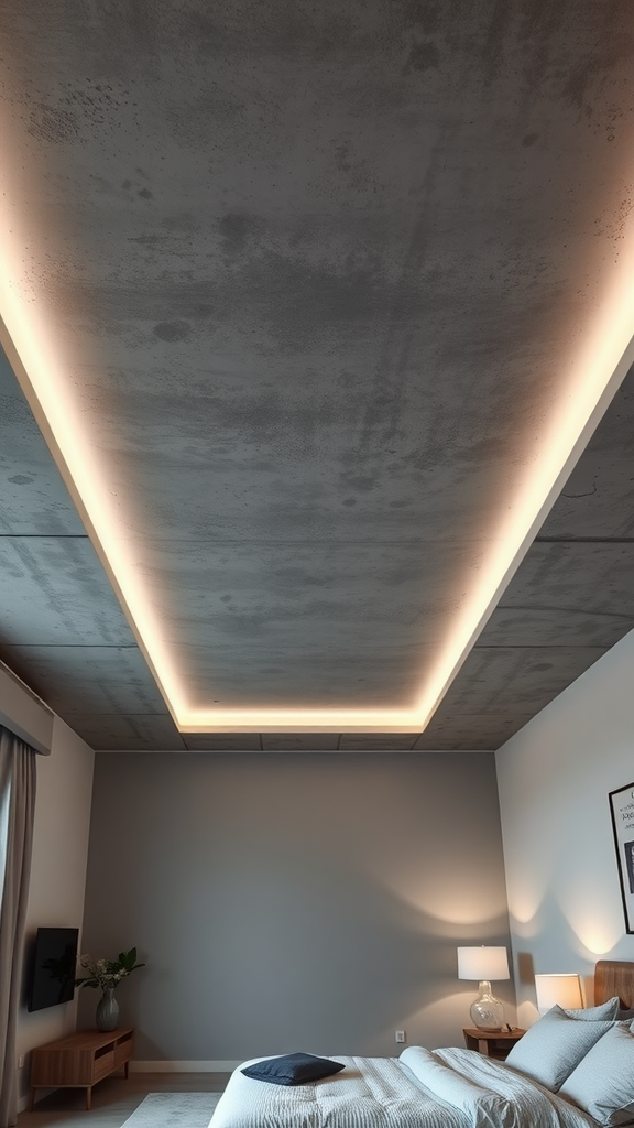 Modern bedroom featuring a concrete ceiling with LED strip lighting