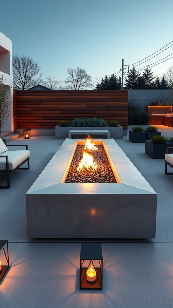 A contemporary concrete patio with a rectangular fire pit, smooth stones, and stylish seating, illuminated by lanterns.