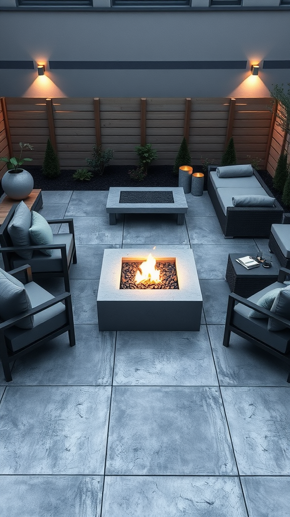 Contemporary concrete patio with a fire pit and seating area, featuring comfortable chairs and wooden panels.