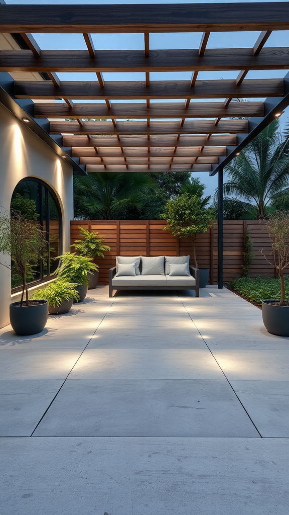 A contemporary concrete patio featuring a wooden pergola, stylish seating, and decorative plants.