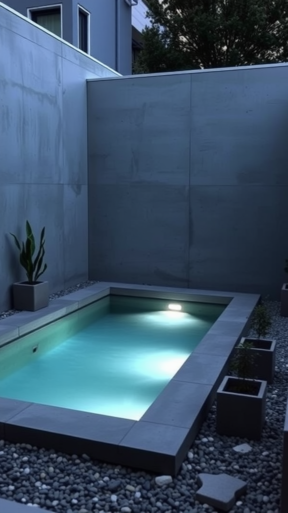 A contemporary concrete plunge pool in a small yard, featuring smooth walls, soft lighting, and surrounding plants.