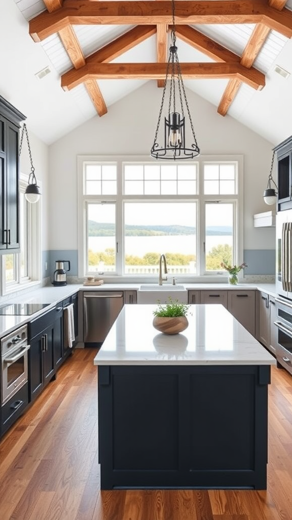 Contemporary farmhouse kitchen with dark cabinetry, wooden beams, and a lake view.