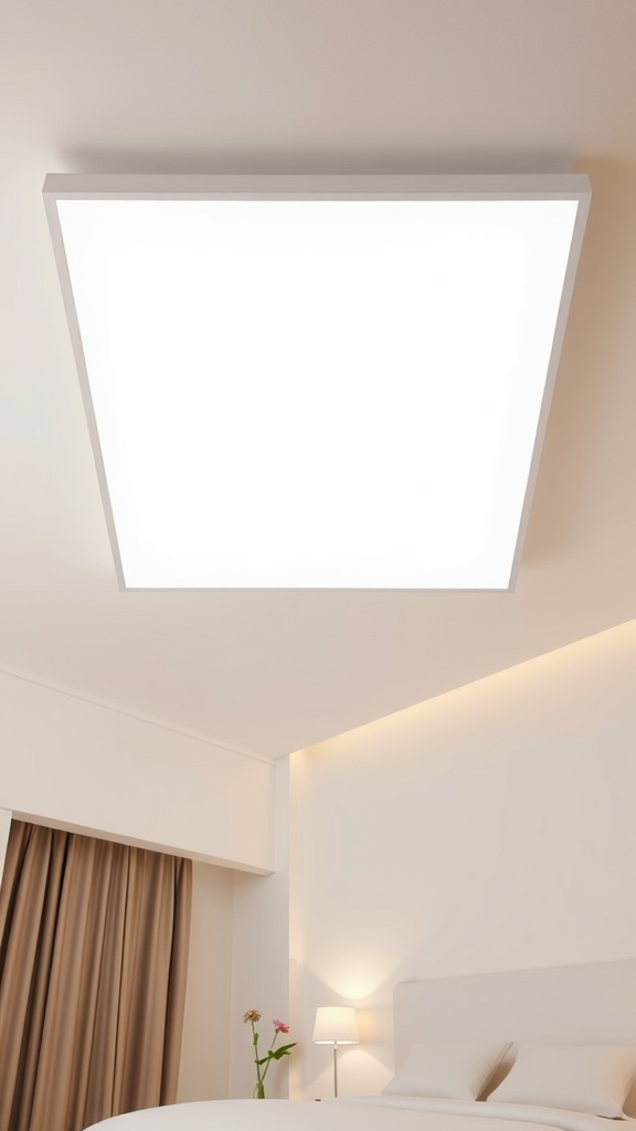 A modern square LED ceiling light installed in a bedroom.