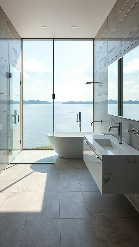 A modern bathroom with large glass windows overlooking a lake, featuring a freestanding bathtub and sleek vanity.