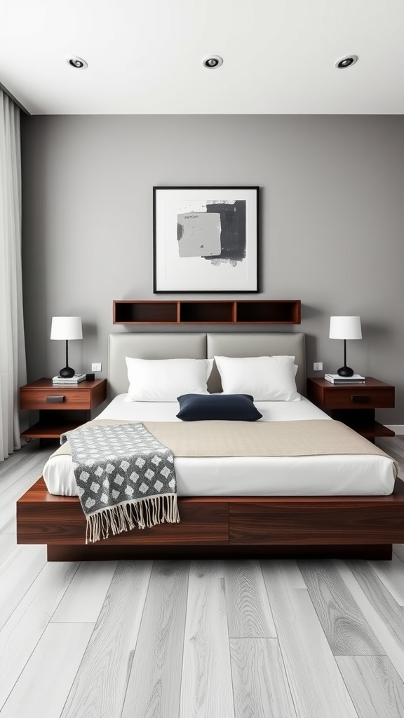 A contemporary minimalist bedroom with a wooden bed and neutral decor.