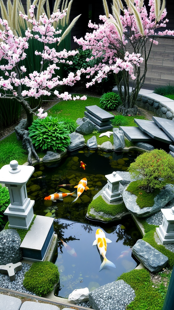 A contemporary Japanese garden with a cherry blossom tree, koi pond, and traditional lanterns.