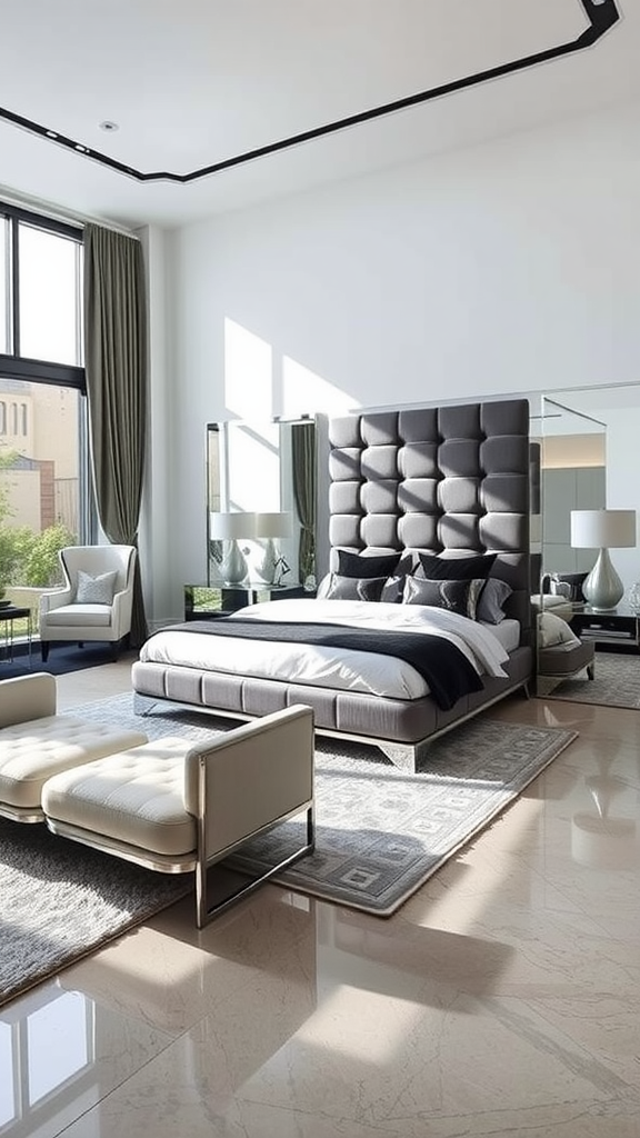 Modern luxury master bedroom with large windows, tufted gray bed, and elegant decor