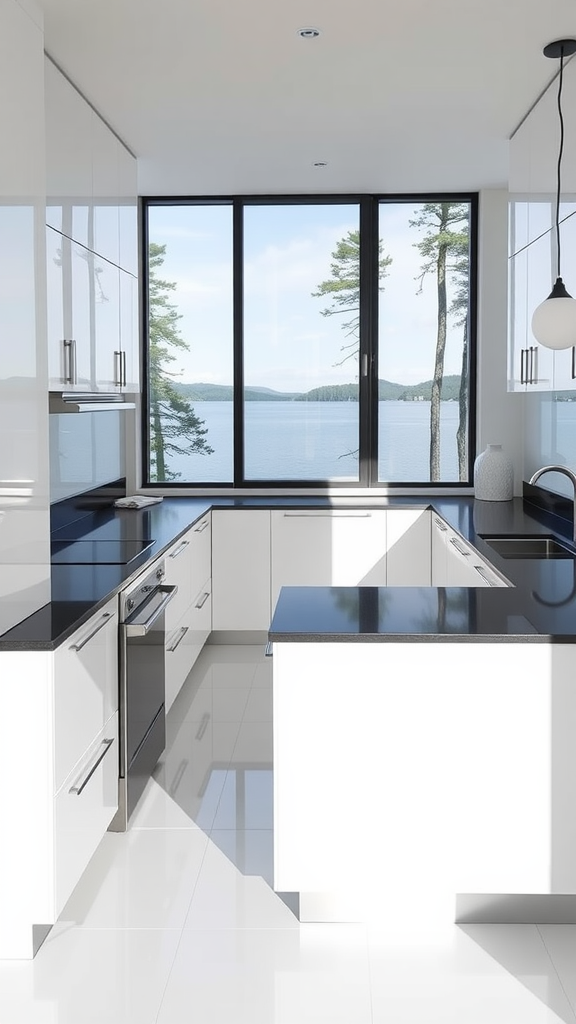 A contemporary minimalist kitchen featuring white cabinetry, black countertops, and large windows overlooking a lake.