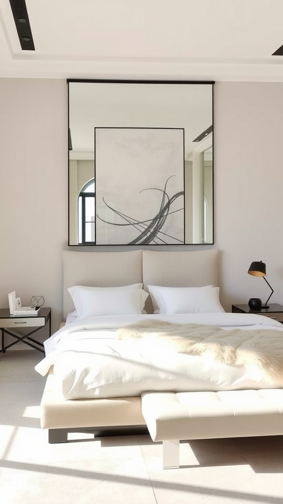 Minimalist master bedroom with a large bed, simple decor, and contemporary artwork